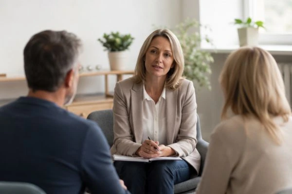 Couple discussing financial arrangement , pensions in divorce Bournemouth